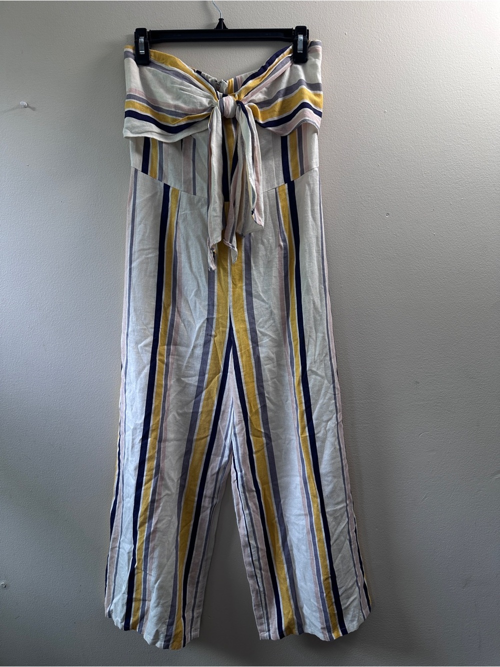 Gypsies & Moondust Strapless Striped Jumpsuit Tie Front Wide Leg‎ Linen Blend